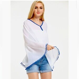 NWOT White and Blue Short Beach Cover-Up Dress with Tassels and Pom Poms, White